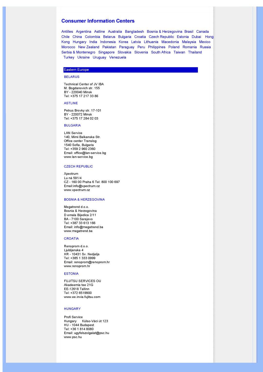 Philips 200WS8 user manual Consumer Information Centers, Turkey Ukraine Uruguay Venezuela 