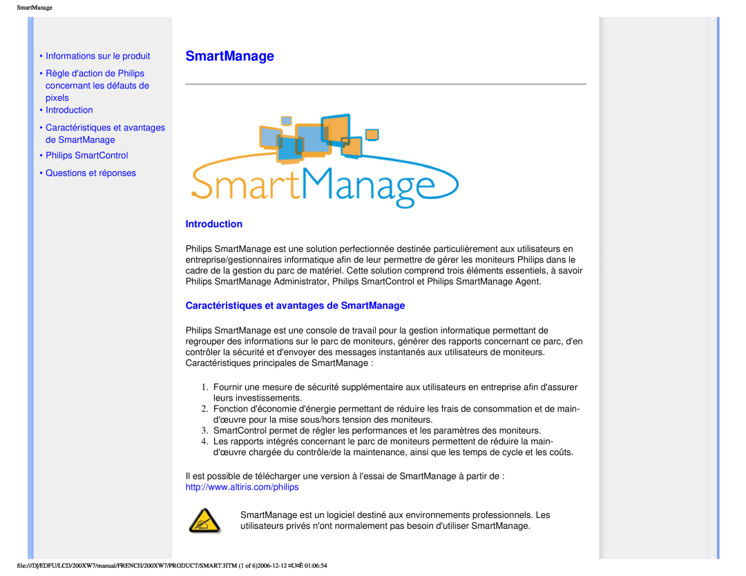 Philips 200WX7 user manual Introduction, Caractéristiques et avantages de SmartManage, Informations sur le produit 
