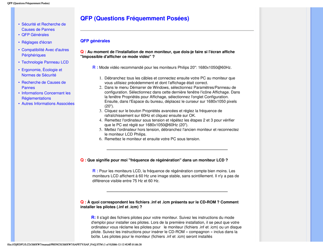 Philips 200WX7 QFP Questions Fréquemment Posées, QFP générales, Sécurité et Recherche de Causes de Pannes QFP Générales 