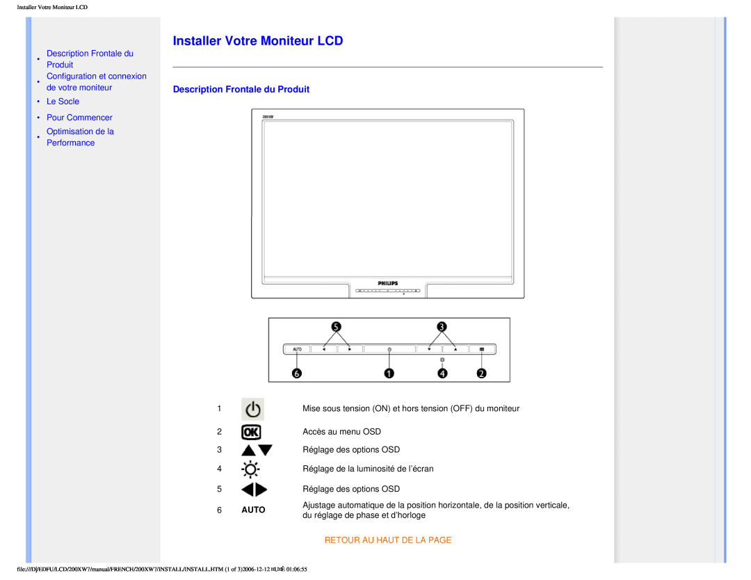 Philips 200WX7 Installer Votre Moniteur LCD, Description Frontale du Produit, DescriptionProduit Frontale du, Auto 
