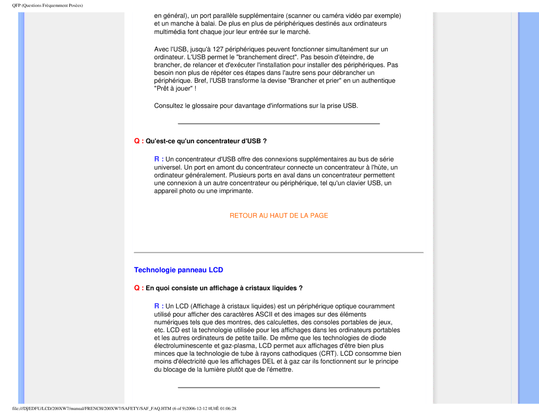 Philips 200WX7 user manual Technologie panneau LCD, Quest-ce quun concentrateur dUSB ? 