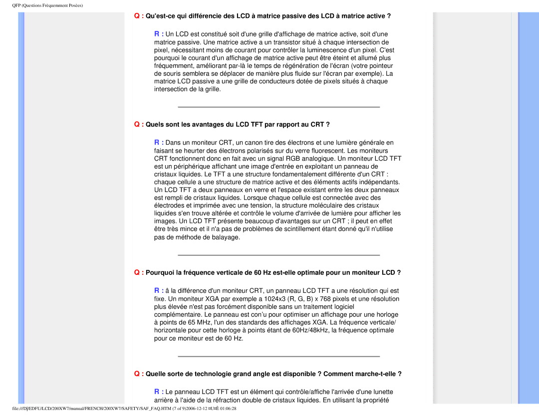 Philips 200WX7 user manual Quels sont les avantages du LCD TFT par rapport au CRT ? 