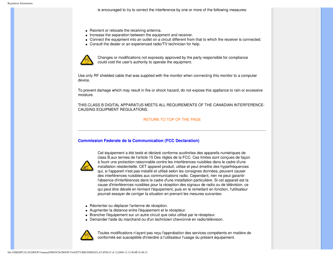 Philips 200WX7 user manual Commission Federale de la Communication FCC Declaration 