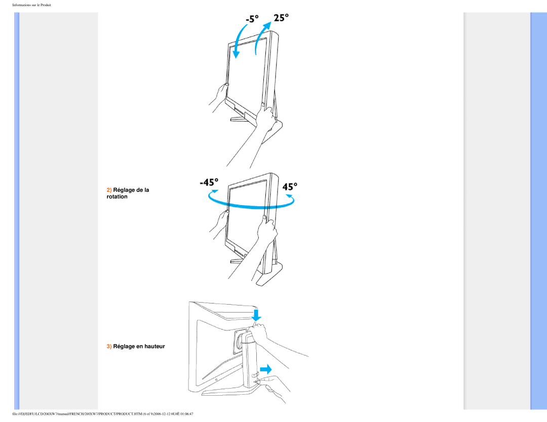 Philips 200WX7 user manual Réglage de la rotation Réglage en hauteur 