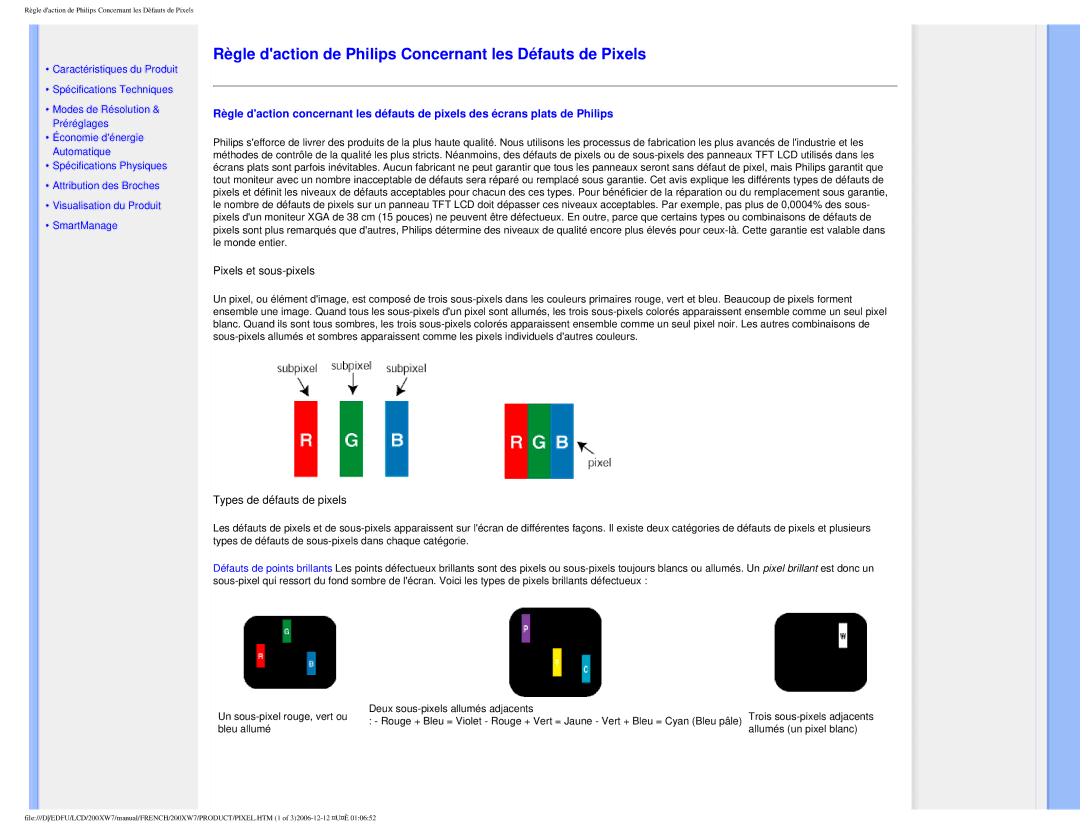 Philips 200WX7 user manual Règle daction de Philips Concernant les Défauts de Pixels 