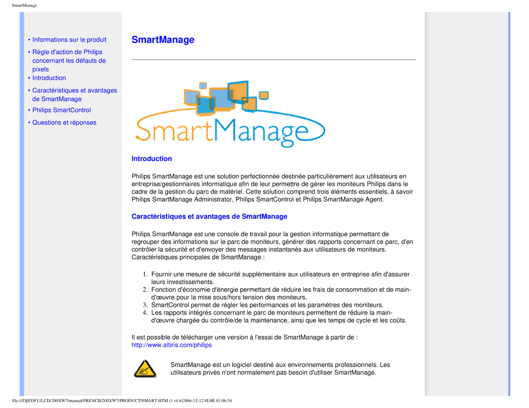 Philips 200WX7 user manual Introduction, Caractéristiques et avantages de SmartManage 