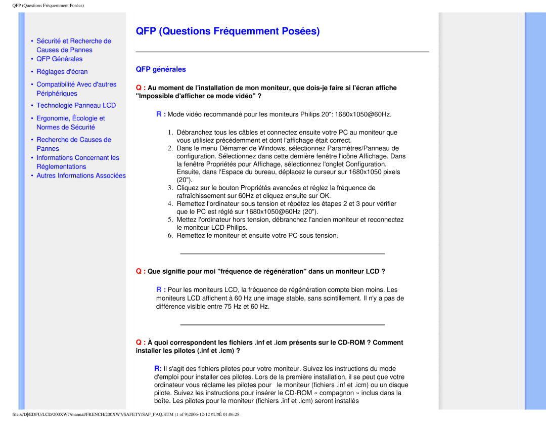 Philips 200WX7 user manual QFP Questions Fréquemment Posées, QFP générales 