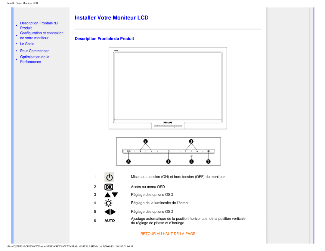 Philips 200WX7 user manual Installer Votre Moniteur LCD, Description Frontale du Produit 