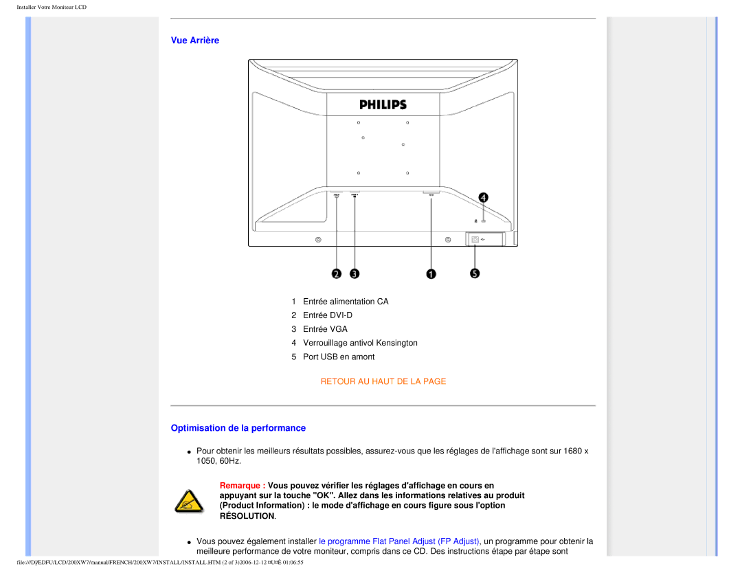 Philips 200WX7 user manual Vue Arrière, Optimisation de la performance 