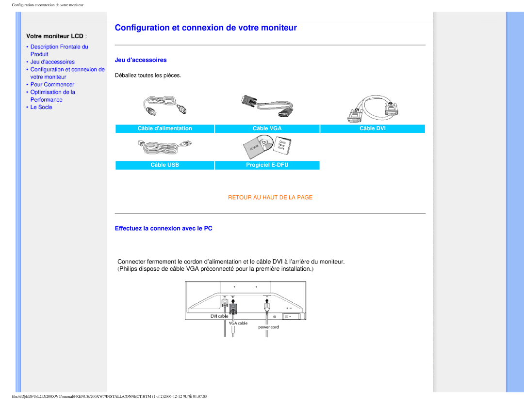 Philips 200WX7 user manual Configuration et connexion de votre moniteur 