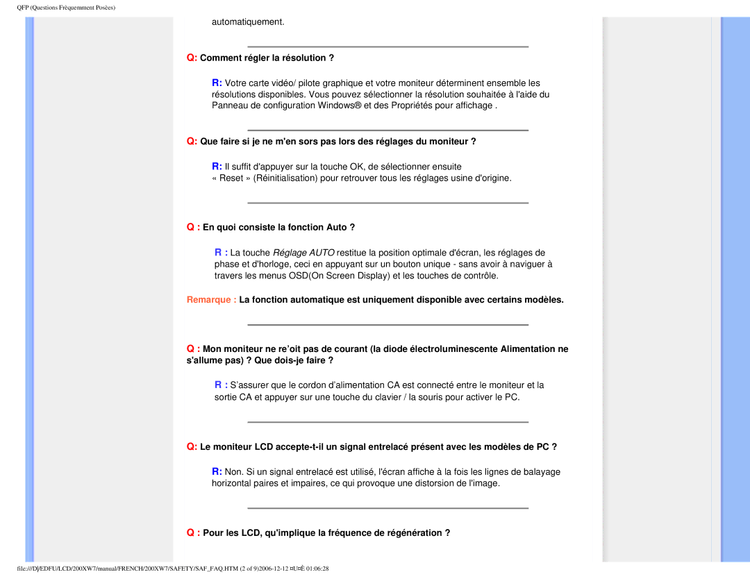 Philips 200WX7 user manual Comment régler la résolution ?, En quoi consiste la fonction Auto ? 