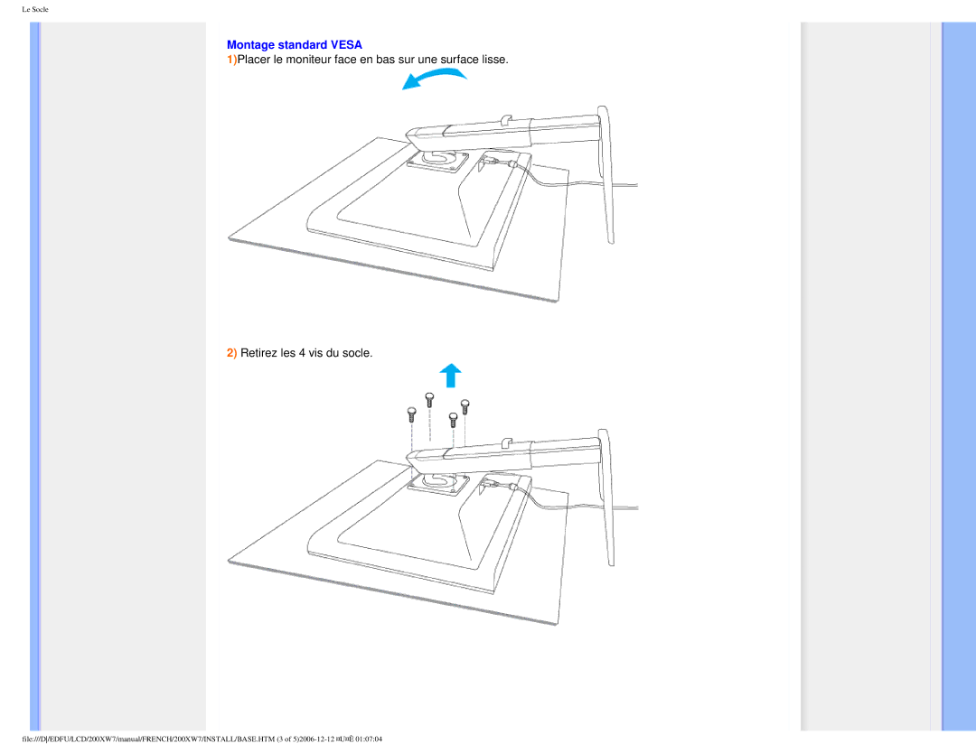 Philips 200WX7 user manual Montage standard Vesa 