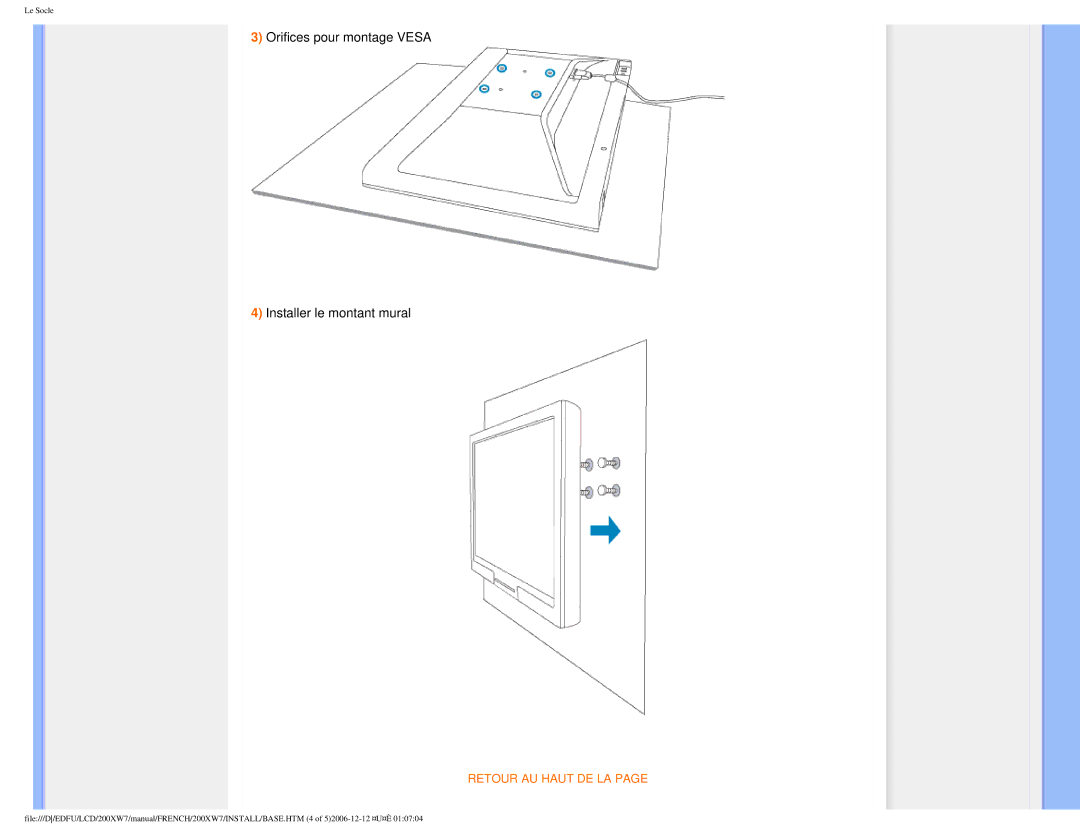 Philips 200WX7 user manual Orifices pour montage Vesa Installer le montant mural 