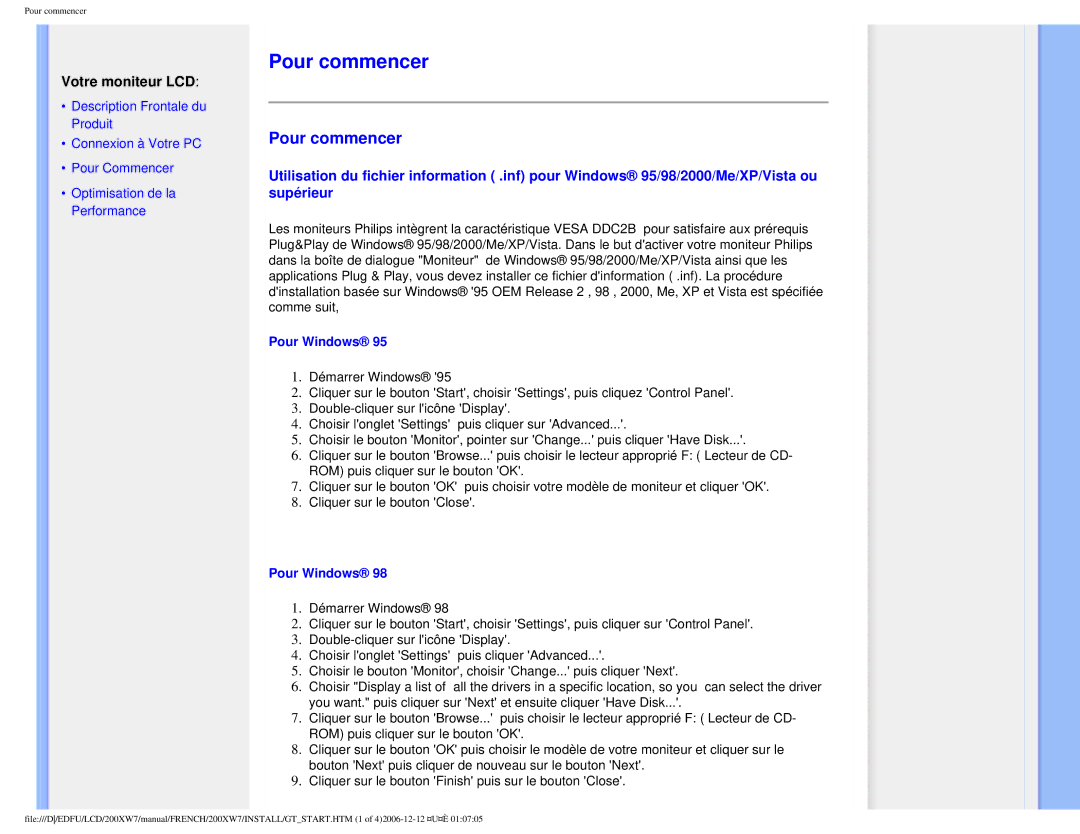 Philips 200WX7 user manual Pour commencer, Pour Windows 
