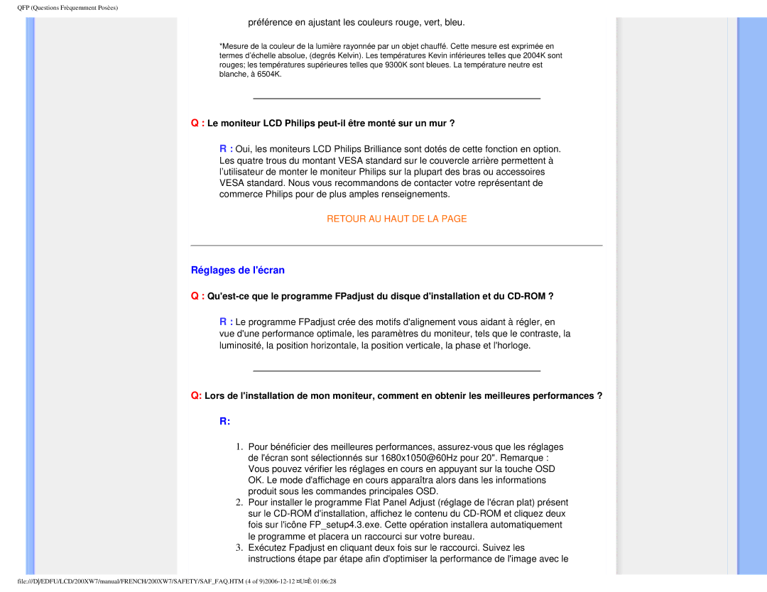 Philips 200WX7 user manual Réglages de lécran, Le moniteur LCD Philips peut-il être monté sur un mur ? 