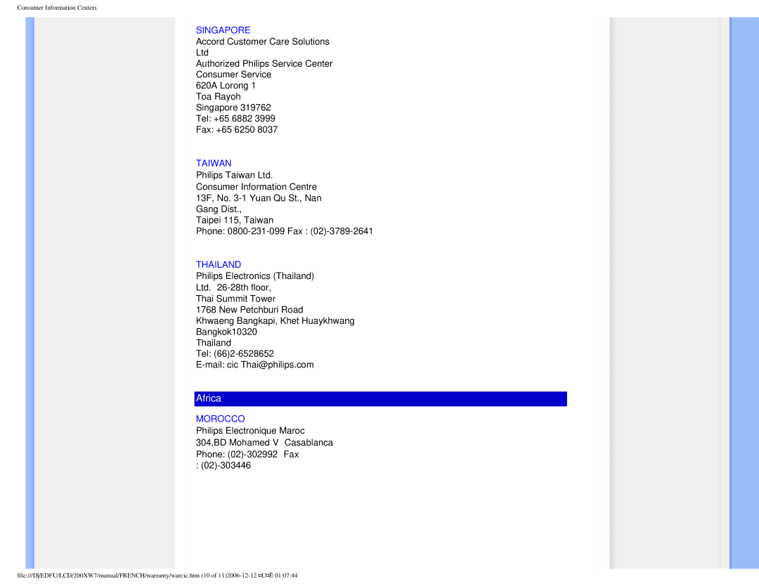 Philips 200WX7 user manual Singapore, Taiwan, Thailand, Morocco 