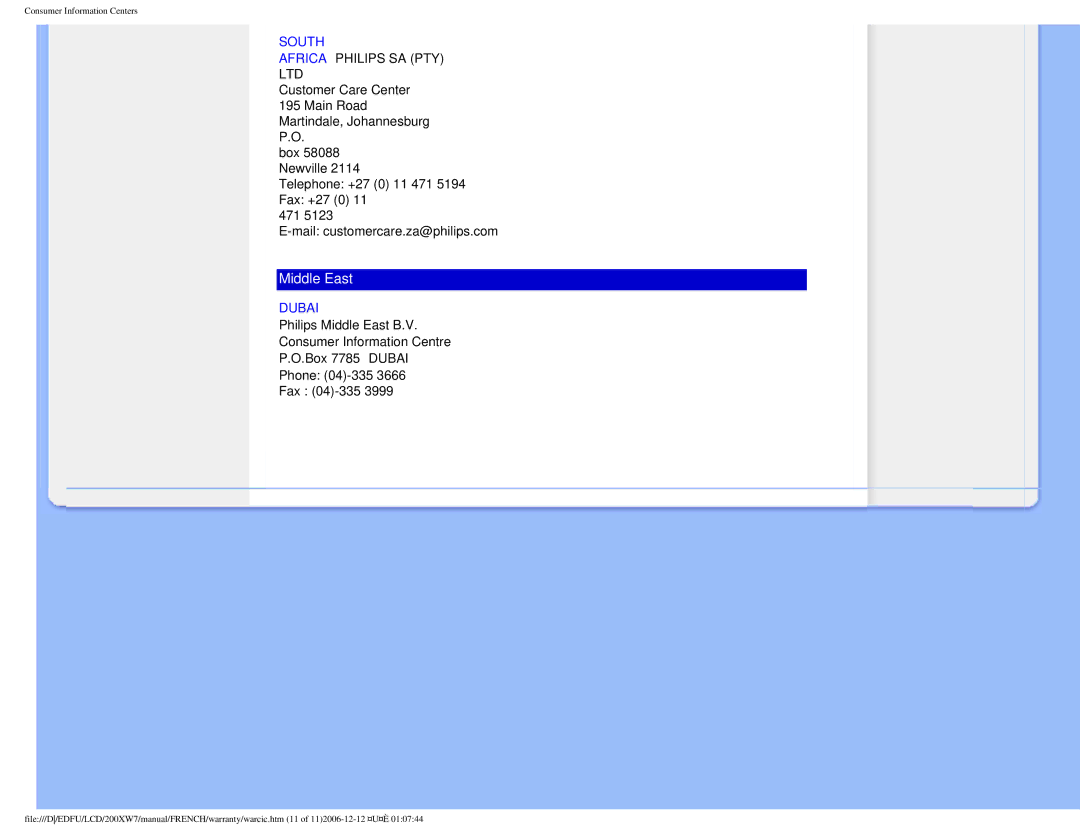 Philips 200WX7 user manual South, Dubai 