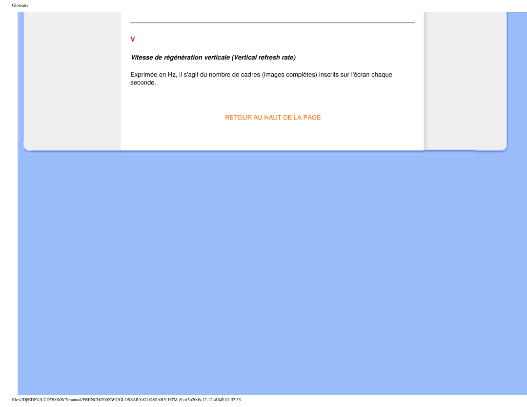 Philips 200WX7 user manual Vitesse de régénération verticale Vertical refresh rate 