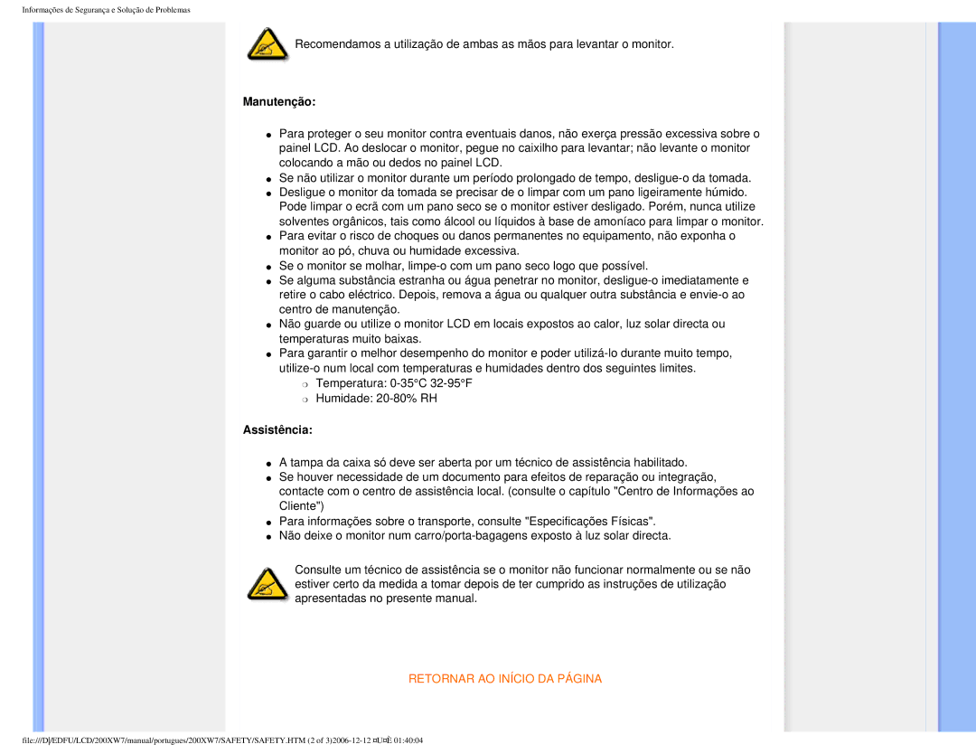 Philips 200XW7 user manual Manutenção, Assistência 