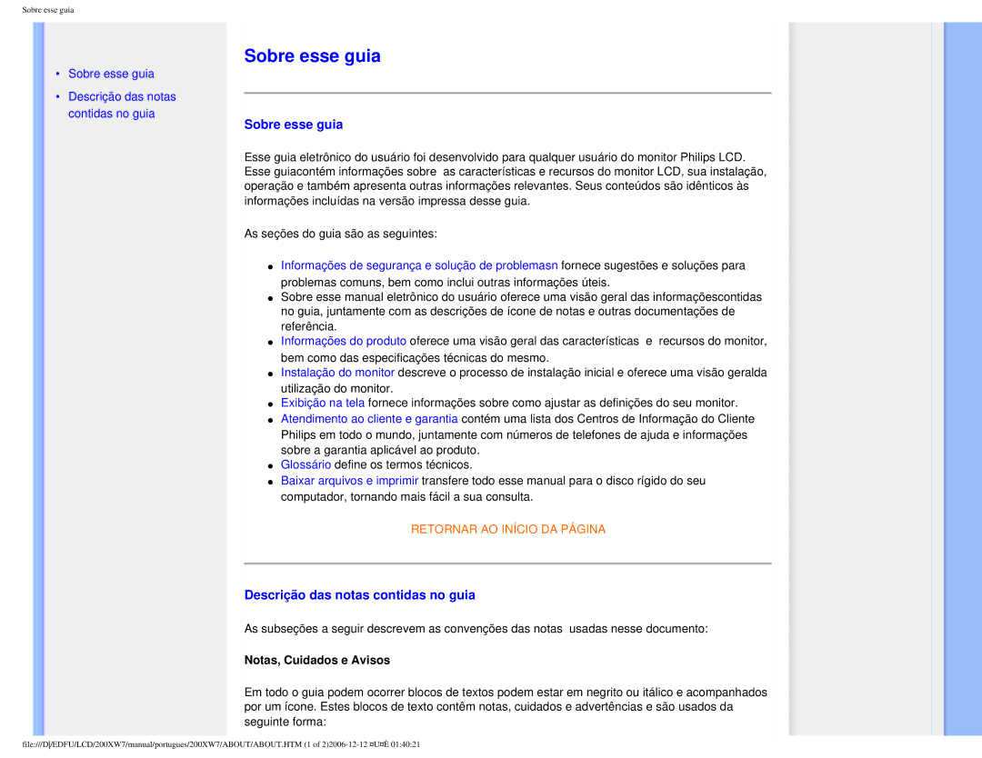 Philips 200XW7 user manual Sobre esse guia, Descrição das notas contidas no guia, Notas, Cuidados e Avisos 