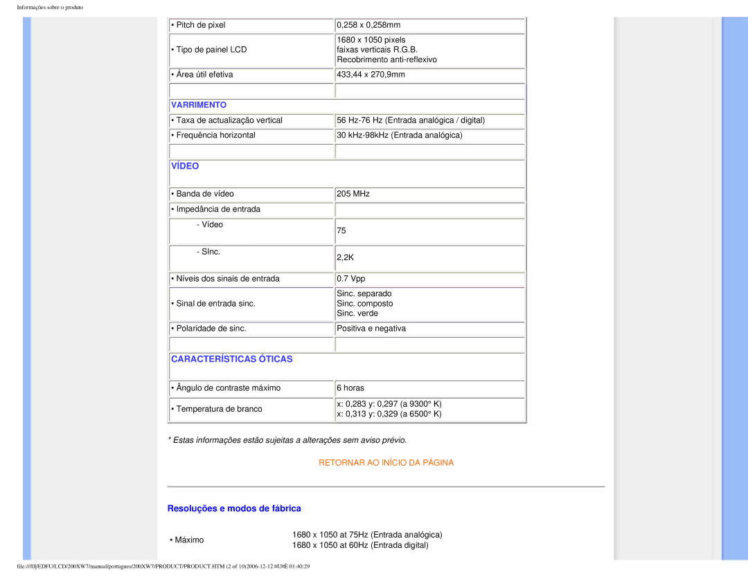 Philips 200XW7 user manual Vídeo, Resoluções e modos de fábrica 