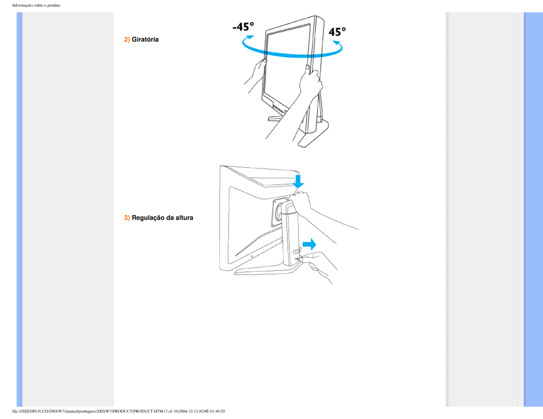 Philips 200XW7 user manual Giratória Regulação da altura 