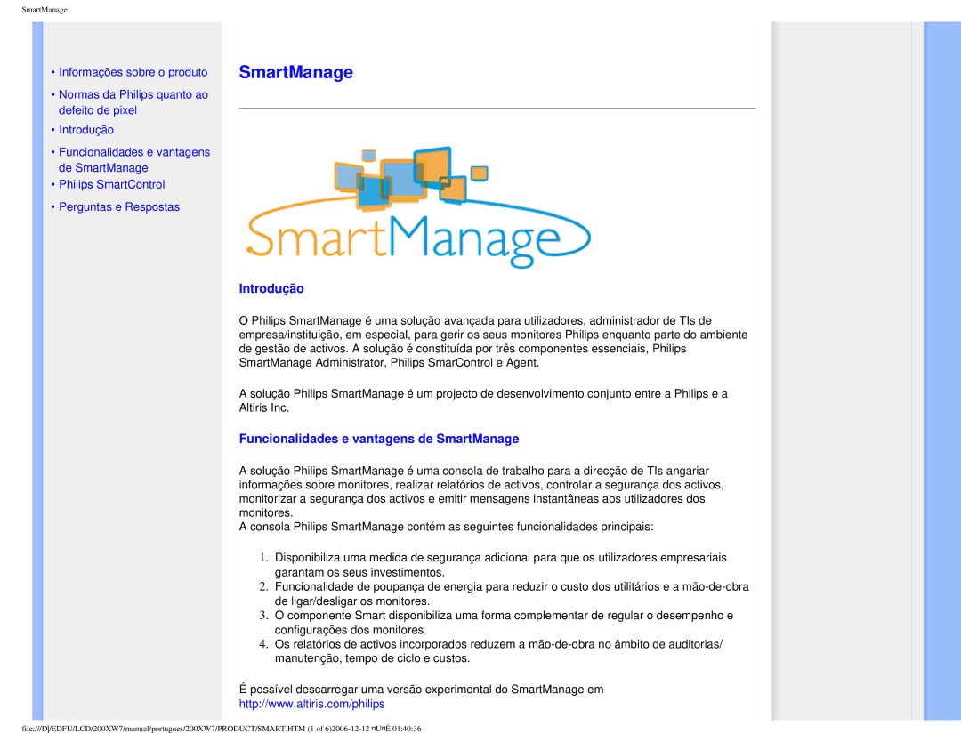 Philips 200XW7 user manual Introdução, Funcionalidades e vantagens de SmartManage 