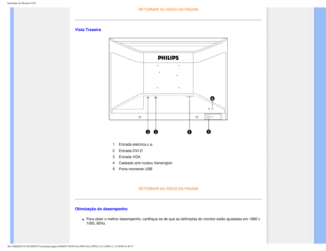 Philips 200XW7 user manual Vista Traseira, Otimização do desempenho 