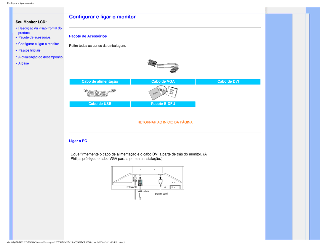 Philips 200XW7 user manual Configurar e ligar o monitor 