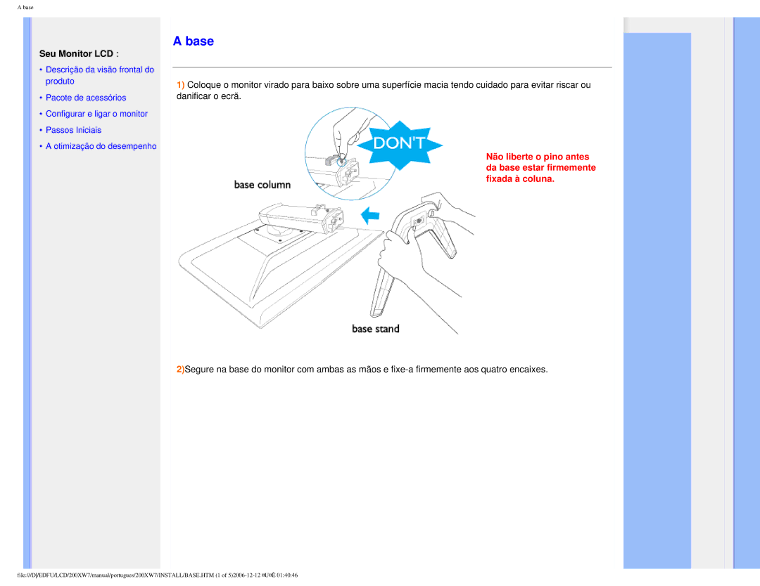 Philips 200XW7 user manual Base, Seu Monitor LCD 