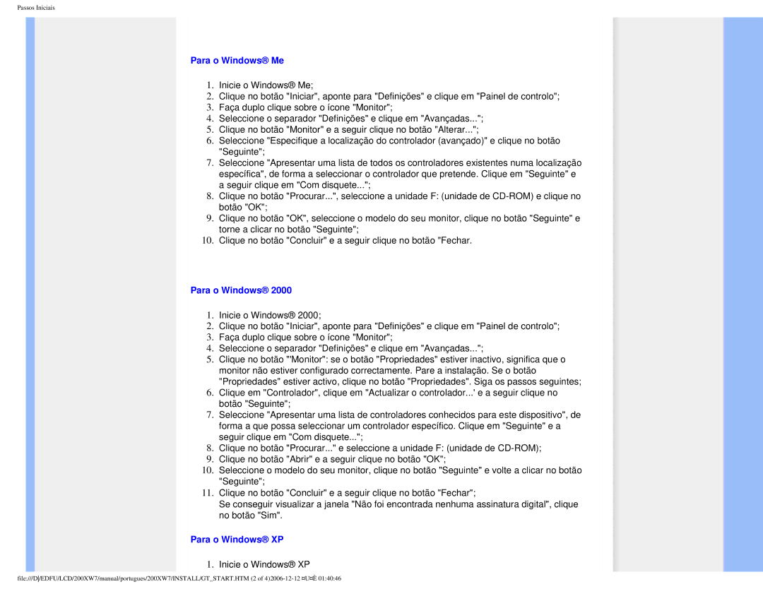 Philips 200XW7 user manual Para o Windows Me, Para o Windows XP 