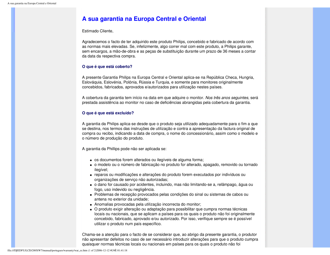 Philips 200XW7 user manual Sua garantia na Europa Central e Oriental 