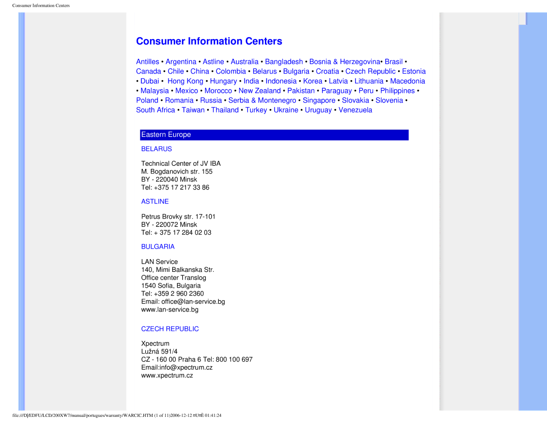 Philips 200XW7 user manual Consumer Information Centers, Belarus, Astline, Bulgaria, Czech Republic 