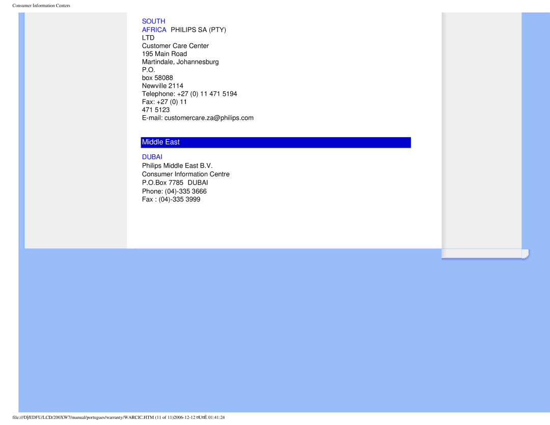 Philips 200XW7 user manual South, Dubai 