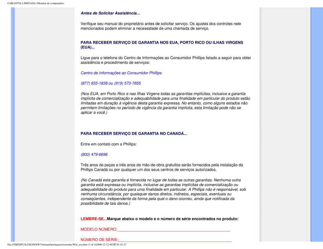 Philips 200XW7 user manual Antes de Solicitar Assistência 