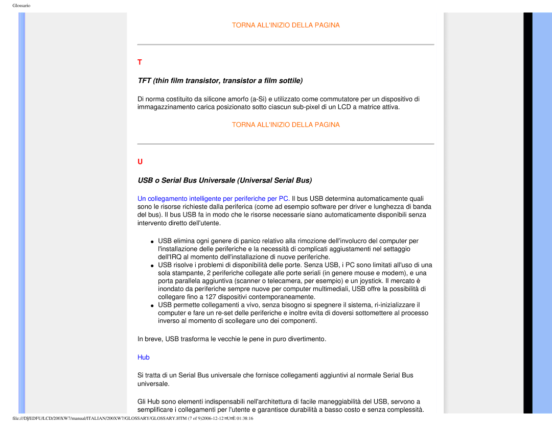 Philips 200XW7 user manual TFT thin film transistor, transistor a film sottile 