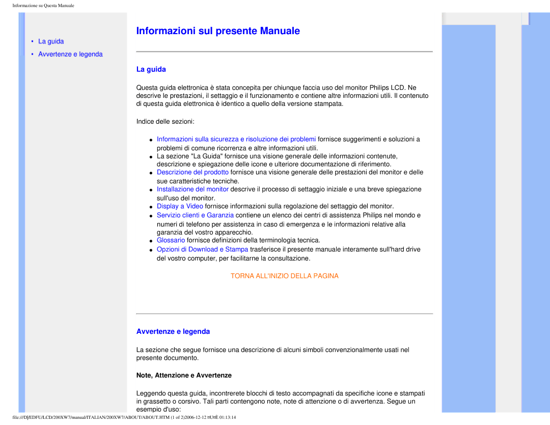 Philips 200XW7 user manual Informazioni sul presente Manuale, La guida, Avvertenze e legenda 