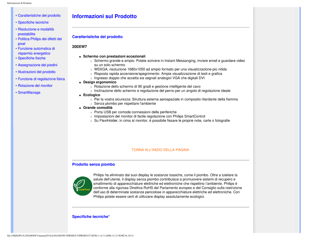 Philips 200XW7 user manual Caratteristiche del prodotto, Prodotto senza piombo, Specifiche tecniche 