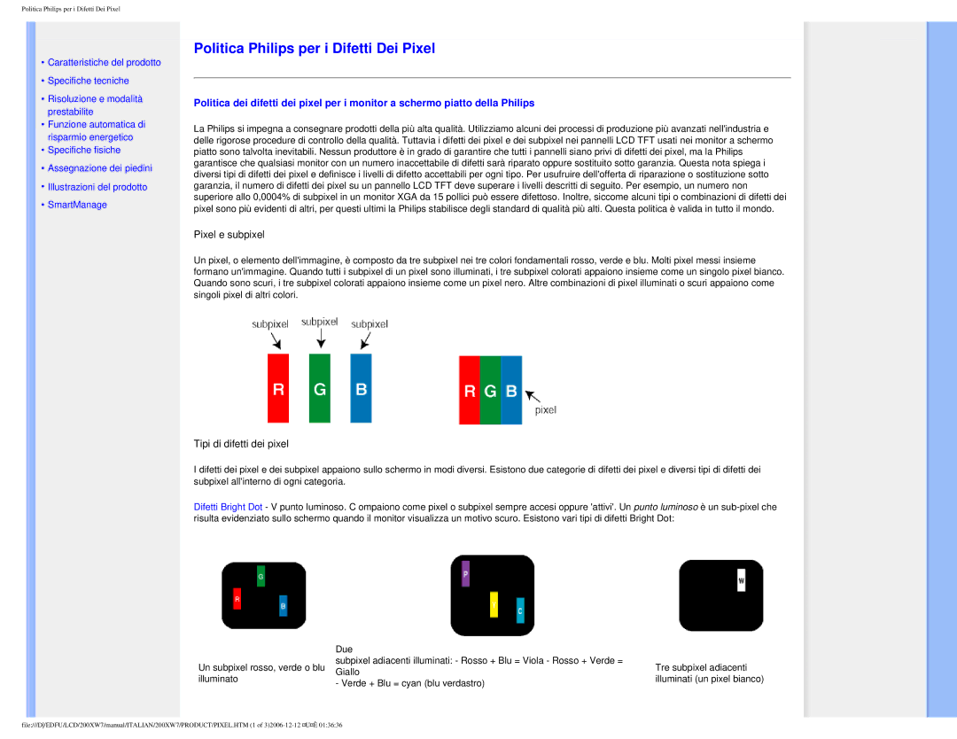 Philips 200XW7 user manual Politica Philips per i Difetti Dei Pixel 