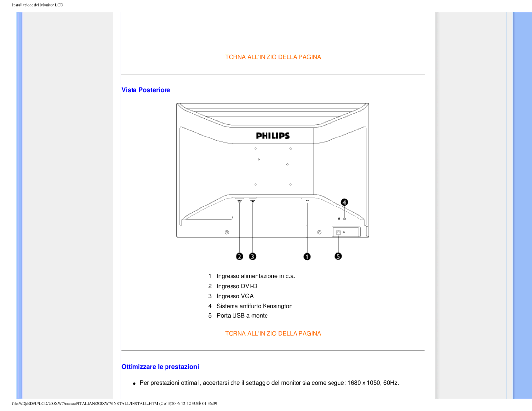 Philips 200XW7 user manual Vista Posteriore, Ottimizzare le prestazioni 