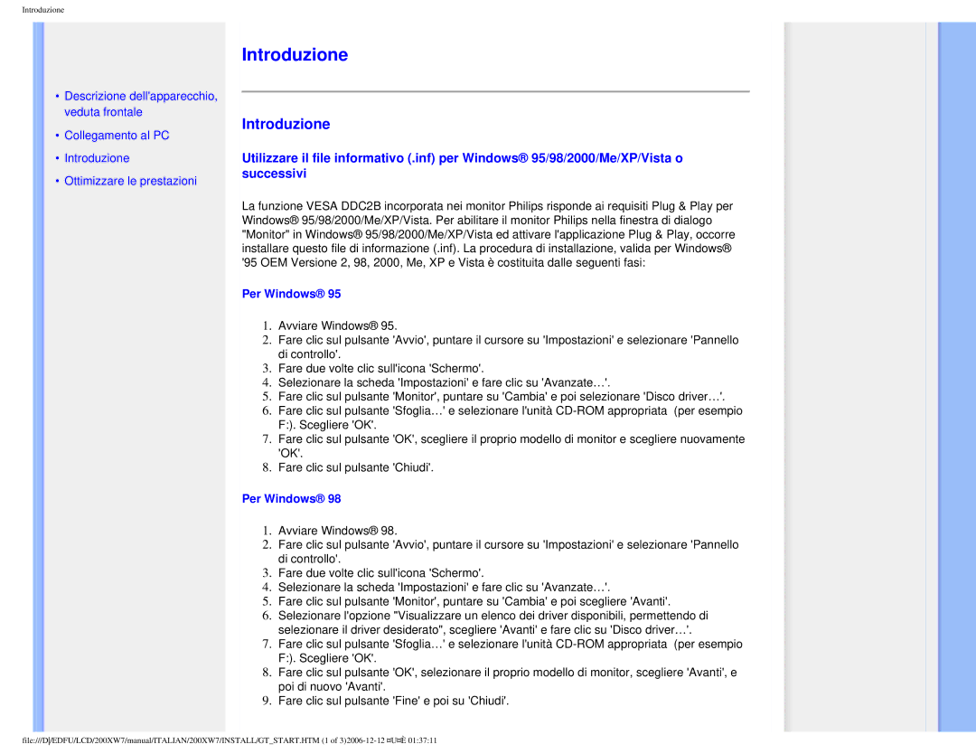 Philips 200XW7 user manual Introduzione, Per Windows 