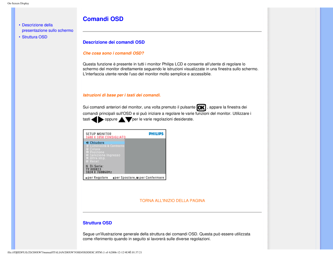 Philips 200XW7 user manual Comandi OSD, Descrizione dei comandi OSD, Struttura OSD 