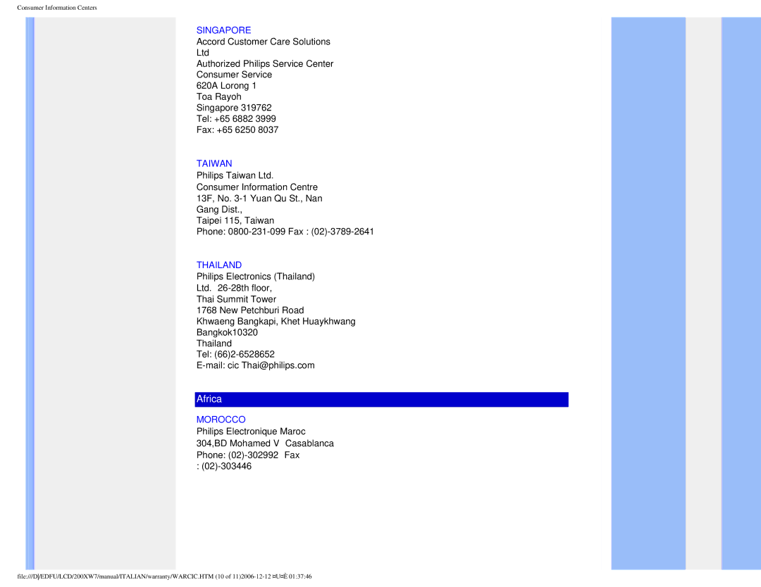 Philips 200XW7 user manual Singapore, Taiwan, Thailand, Morocco 