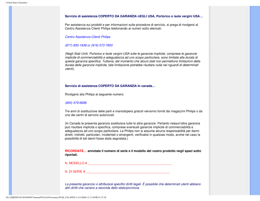 Philips 200XW7 user manual Servizio di assistenza Coperto DA Garanzia In canada… 