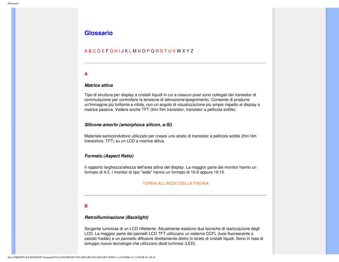 Philips 200XW7 user manual Glossario, Matrice attiva 