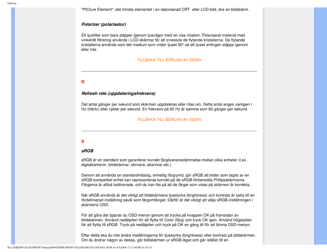 Philips 200XW7 user manual Polarizer polarisator, Refresh rate uppdateringsfrekvens, Srgb 