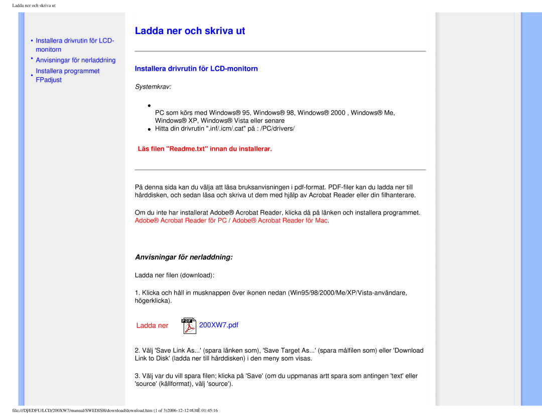 Philips 200XW7 user manual Ladda ner och skriva ut, Installera drivrutin för LCD-monitorn, Anvisningar för nerladdning 