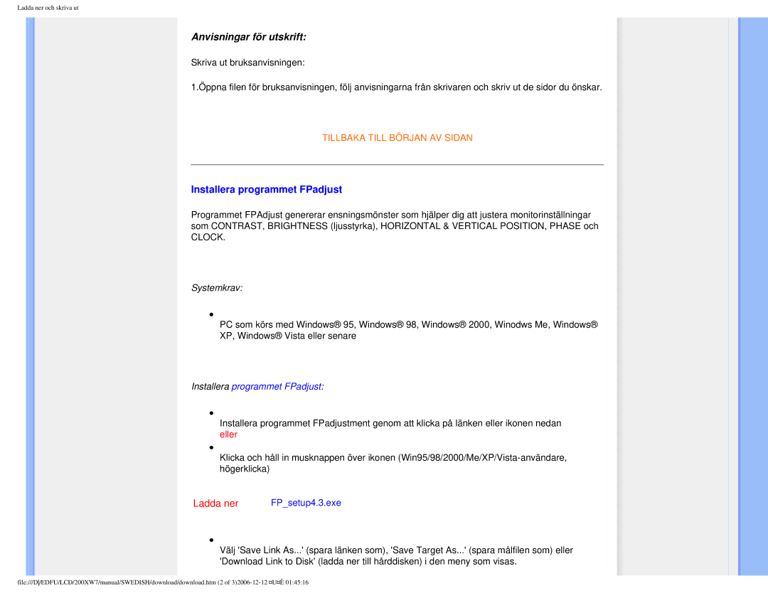 Philips 200XW7 user manual Anvisningar för utskrift, Installera programmet FPadjust 