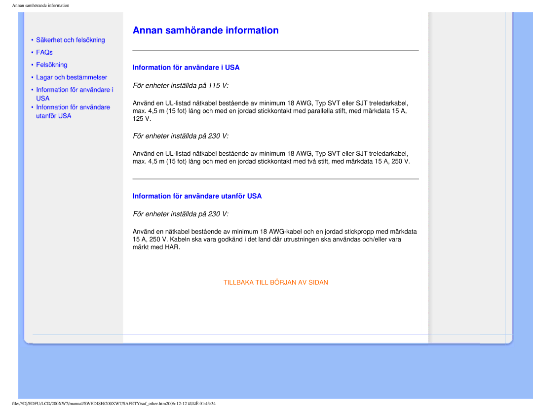 Philips 200XW7 Annan samhörande information, Information för användare i USA, Information för användare utanför USA, Usa 