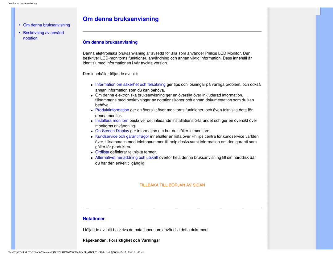 Philips 200XW7 user manual Om denna bruksanvisning, Notationer, Påpekanden, Försiktighet och Varningar 